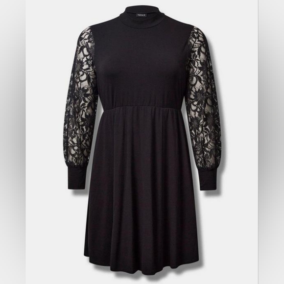 Torrid At The Knee Jersey Lace Sleeve Mock Neck Skater Dress Womens Plus Size 1X - Picture 4 of 13